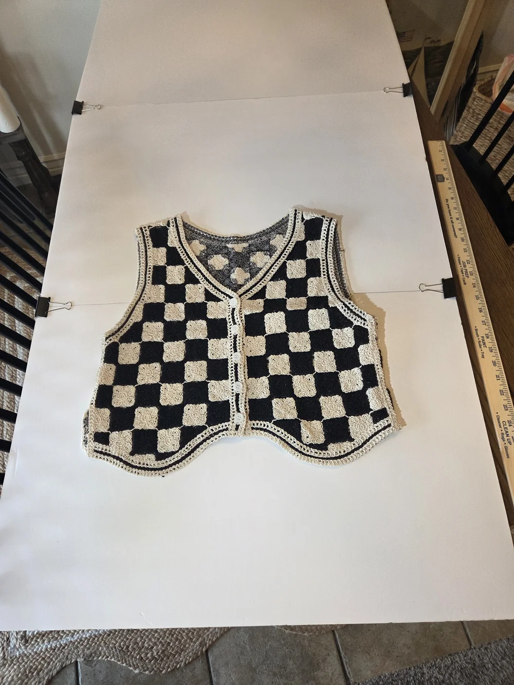 Crochet Checkerboard Vest - Black & Cream - Picture 2 of 11
